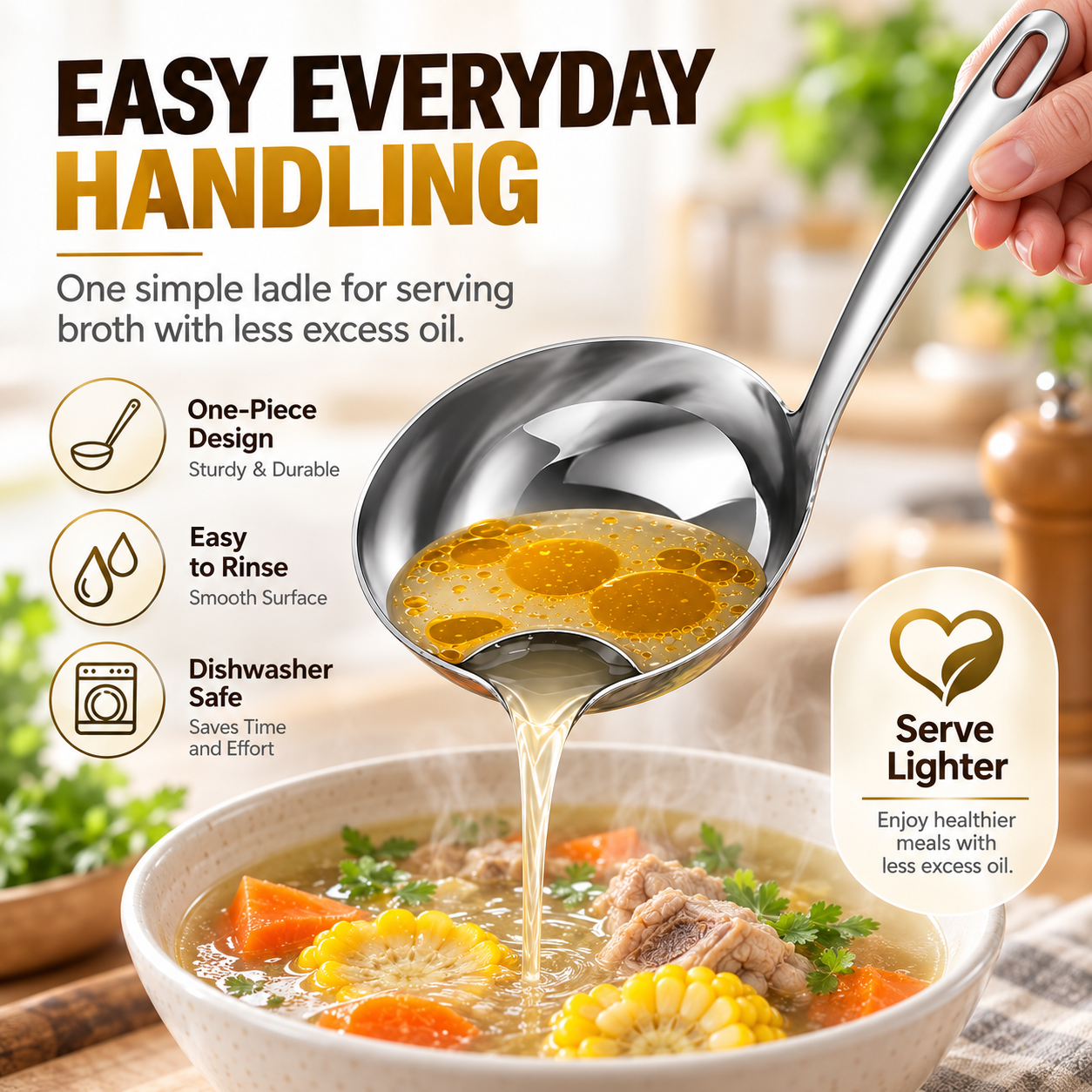 🍲 Food-Grade Stainless Steel Broth Ladle with Built-In Oil Strainer