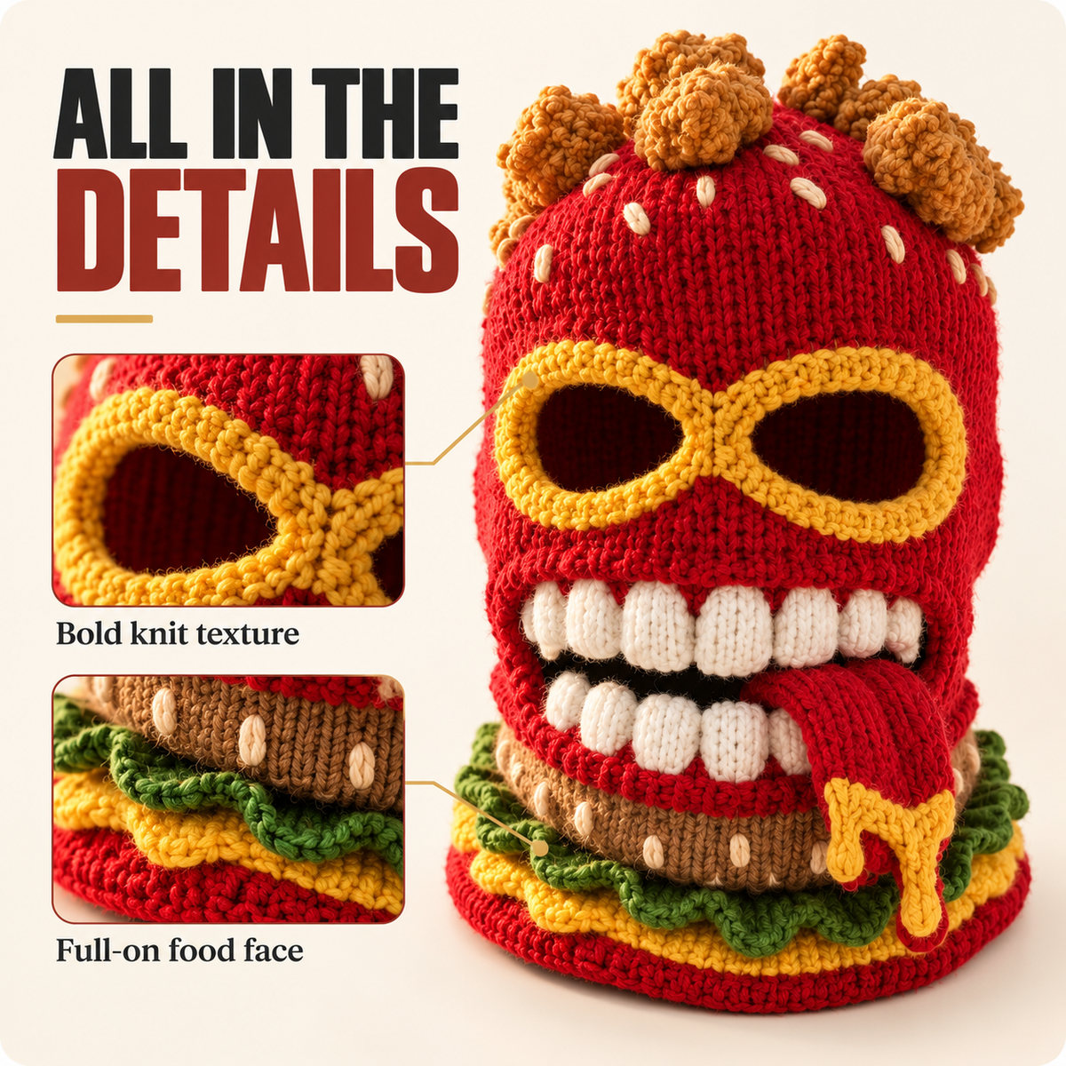 🍔 Burger Monster Knit Ski Mask – Funny Food Balaclava