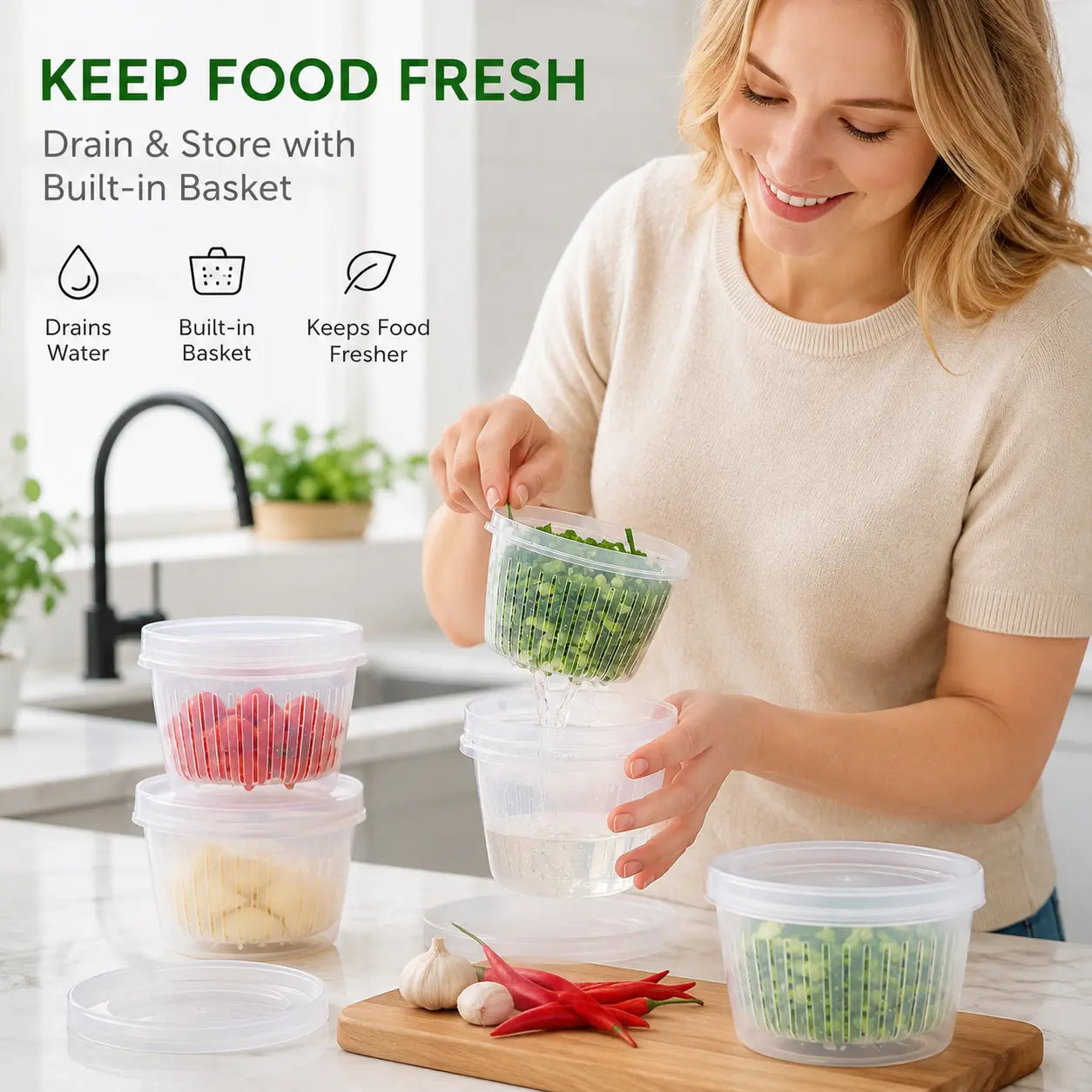 🥬 Keep Chopped Veggies Fresher Longer With Built-In Strainer Boxes