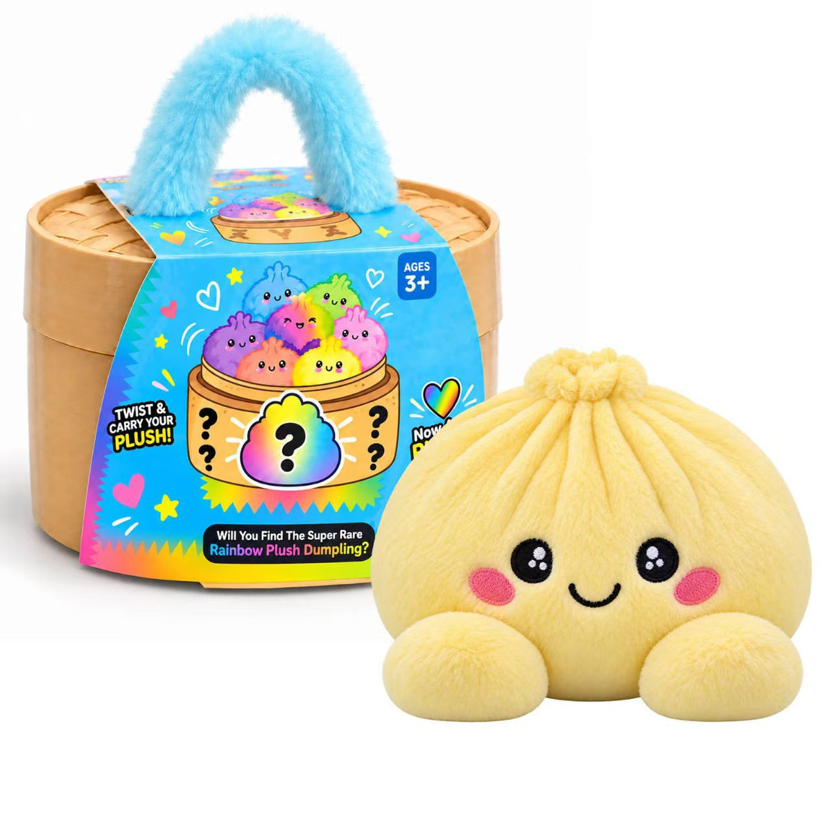 Cute Plush Stuffed Dumpling Squishies with Bamboo-Style Steamer Basket, Big Rainbow Squishy Toy