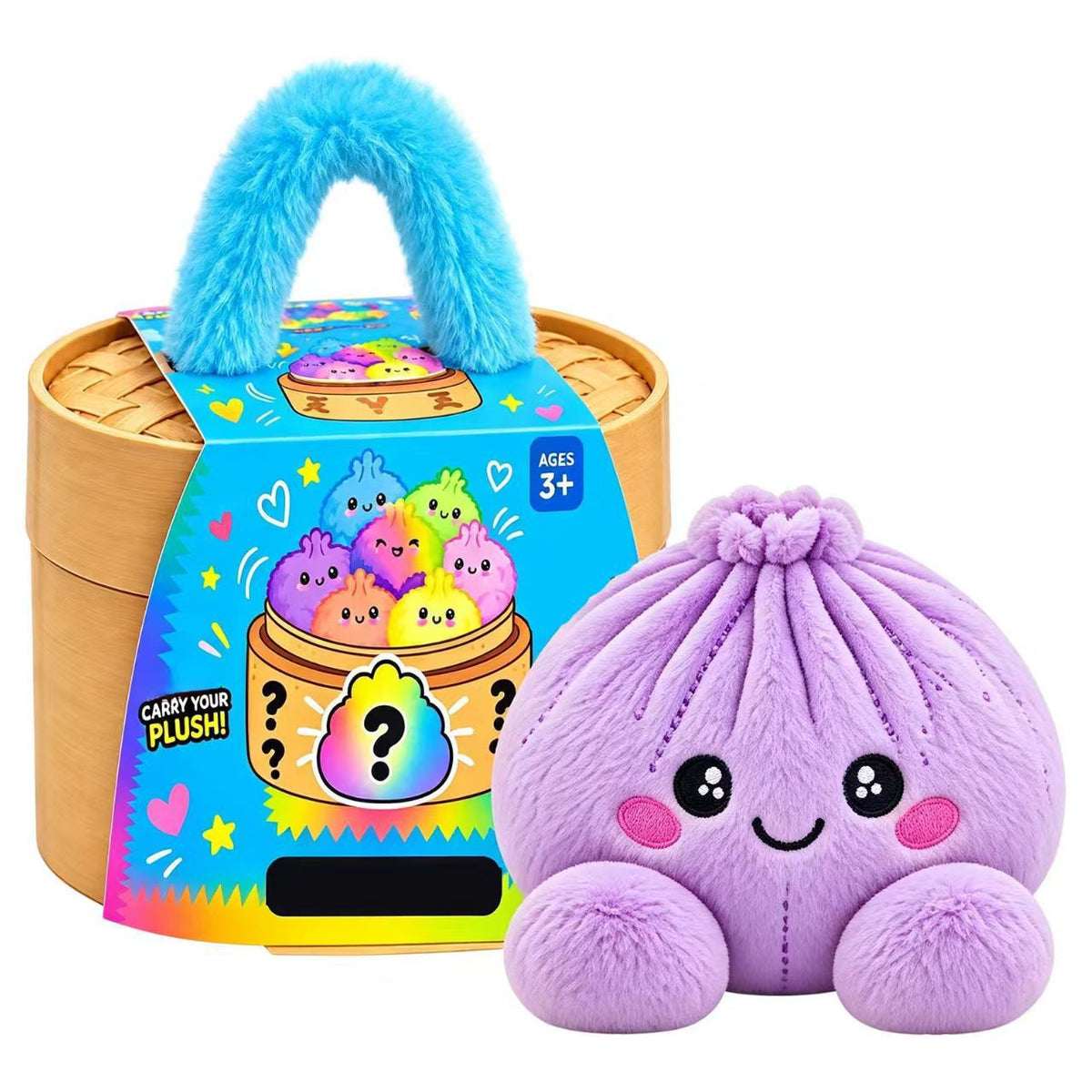 Cute Plush Stuffed Dumpling Squishies with Bamboo-Style Steamer Basket, Big Rainbow Squishy Toy