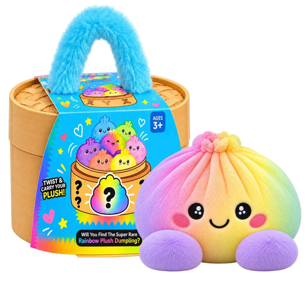 Cute Plush Stuffed Dumpling Squishies with Bamboo-Style Steamer Basket, Big Rainbow Squishy Toy