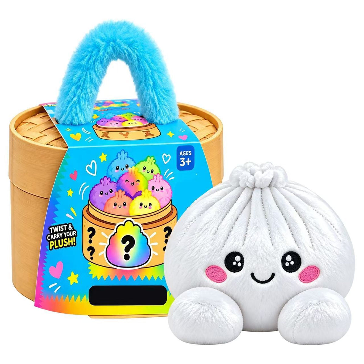 Cute Plush Stuffed Dumpling Squishies with Bamboo-Style Steamer Basket, Big Rainbow Squishy Toy