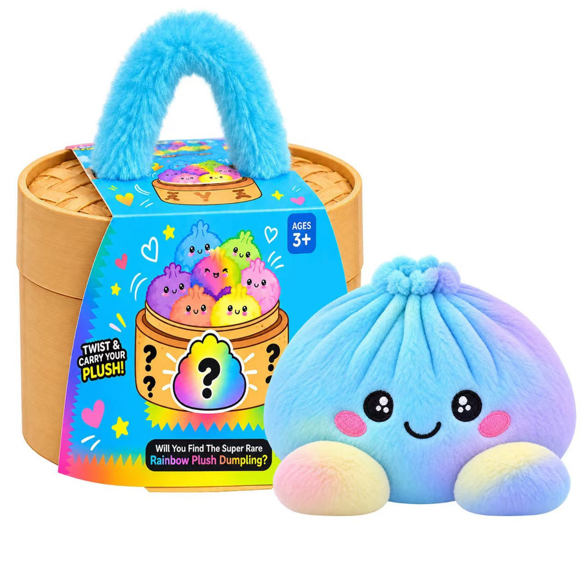 Cute Plush Stuffed Dumpling Squishies with Bamboo-Style Steamer Basket, Big Rainbow Squishy Toy