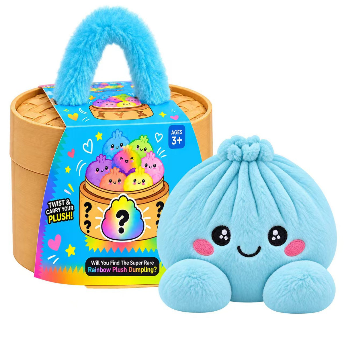 Cute Plush Stuffed Dumpling Squishies with Bamboo-Style Steamer Basket, Big Rainbow Squishy Toy