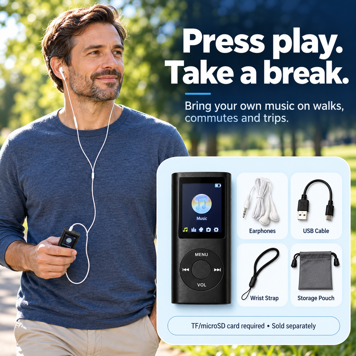 Man enjoying offline music on a park walk with the compact MP3 player
