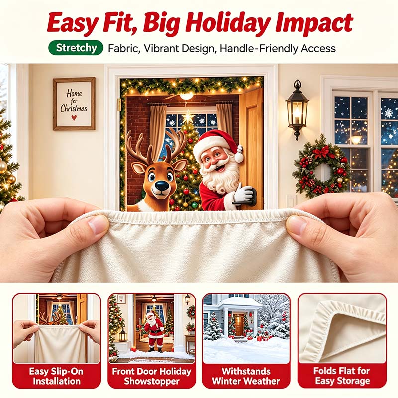 Christmas Door Cover - Stretch Fit Santa & Reindeer Door Decoration with 4-Side Elastic Edges🎅 - image 3