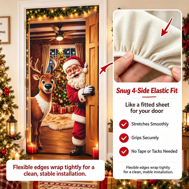 Christmas Door Cover - Stretch Fit Santa & Reindeer Door Decoration with 4-Side Elastic Edges🎅 - image 4