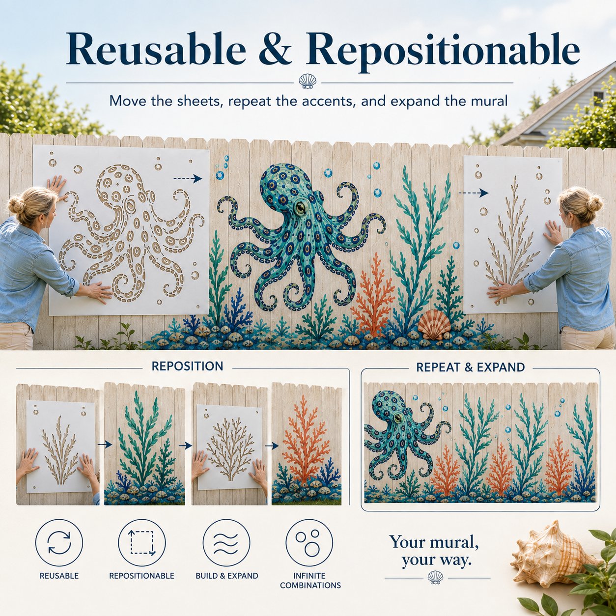 🔥 LAST DAY 49% OFF – 🐙Reusable Ocean Octopus Mural Stencil Set | Bring Plain Walls & Fences to Life with a Bold Underwater Scene 🌊🎨✨