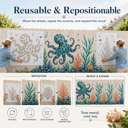 🔥 LAST DAY 49% OFF – 🐙Reusable Ocean Octopus Mural Stencil Set | Bring Plain Walls & Fences to Life with a Bold Underwater Scene 🌊🎨✨