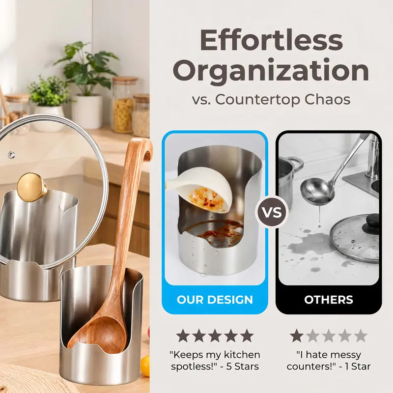 Stainless Steel Utensil Holder & Pot Lid Organizer – Rust-Proof, Drain Notch Design, Easy to Clean