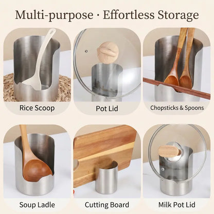 Stainless Steel Utensil Holder & Pot Lid Organizer – Rust-Proof, Drain Notch Design, Easy to Clean