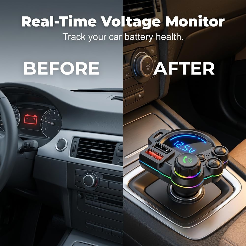 Bluetooth 5.3 Car FM Transmitter & Dual Port Fast Charger