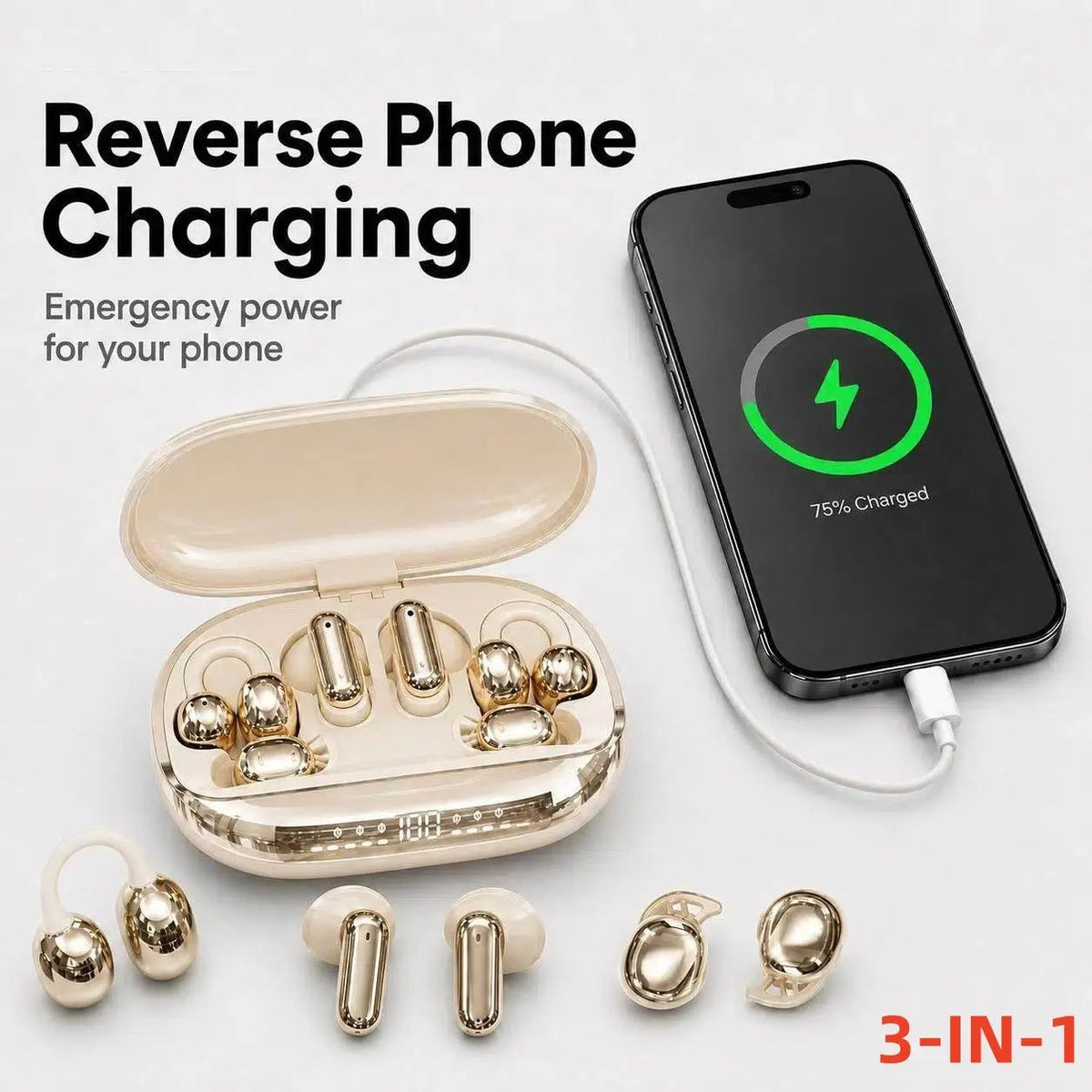 🎧 3-IN-1 Wireless Earbuds, 6 Earbuds Total with Power Bank Charging Case, Sleep / In-Ear / Clip-On Earphones, Reverse Charging, Sports & Sleep Bluetooth Headphones for Android & iOS