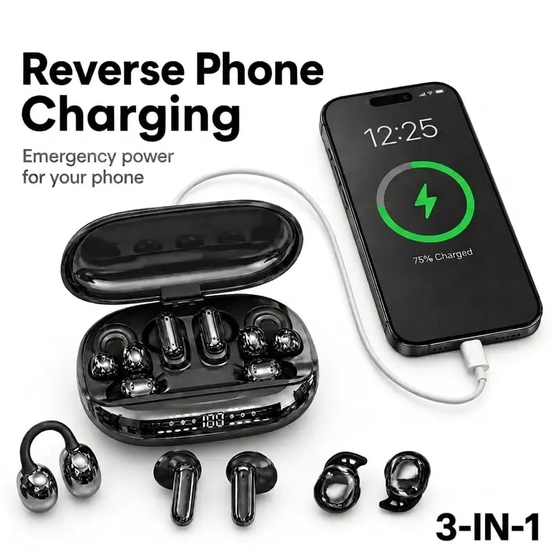🎧 3-IN-1 Wireless Earbuds, 6 Earbuds Total with Power Bank Charging Case, Sleep / In-Ear / Clip-On Earphones, Reverse Charging, Sports & Sleep Bluetooth Headphones for Android & iOS