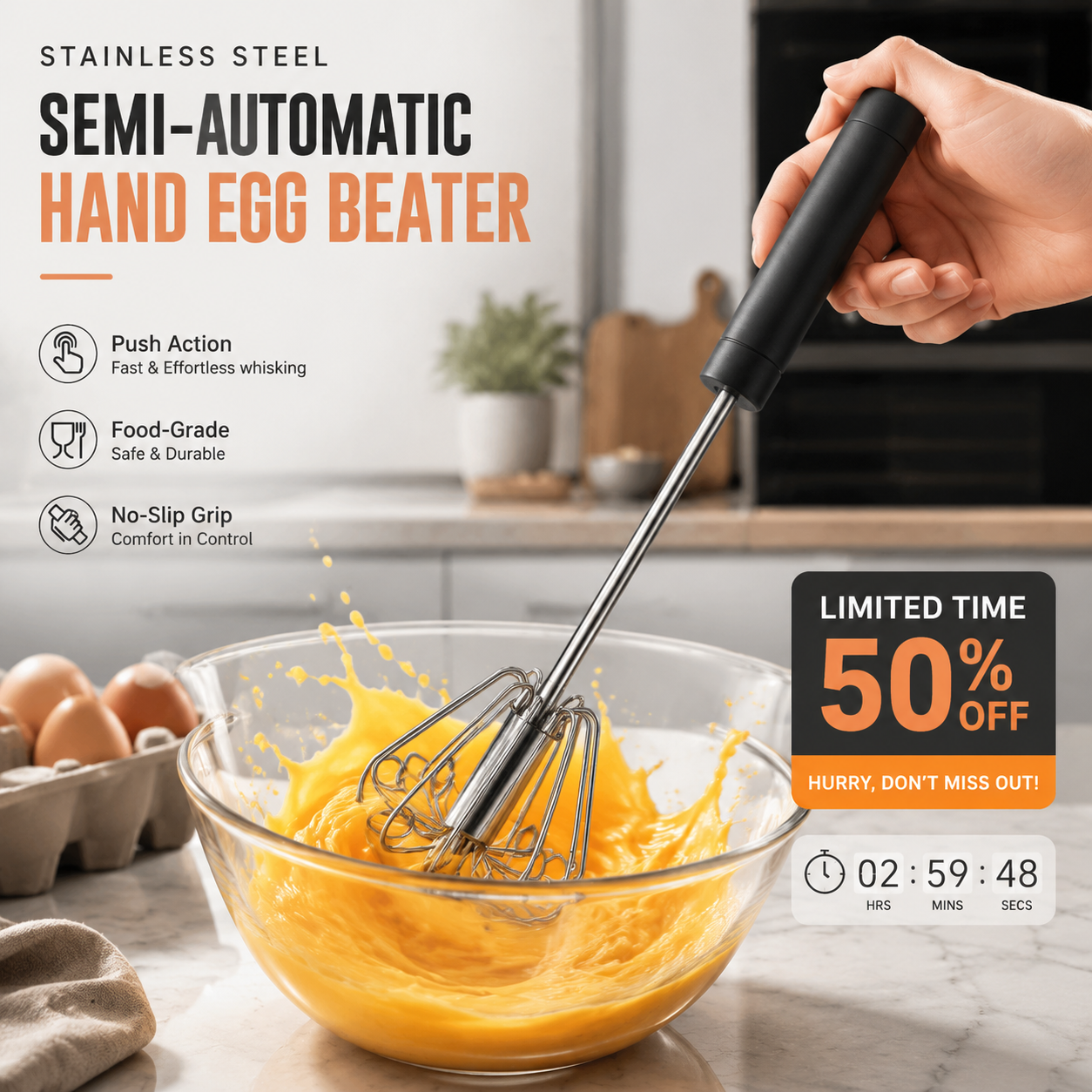 ⚡Buy 1 Get 1 Free⚡Semi-Automatic Rotary Egg Beater Push-Down Kitchen Whisk 🥚