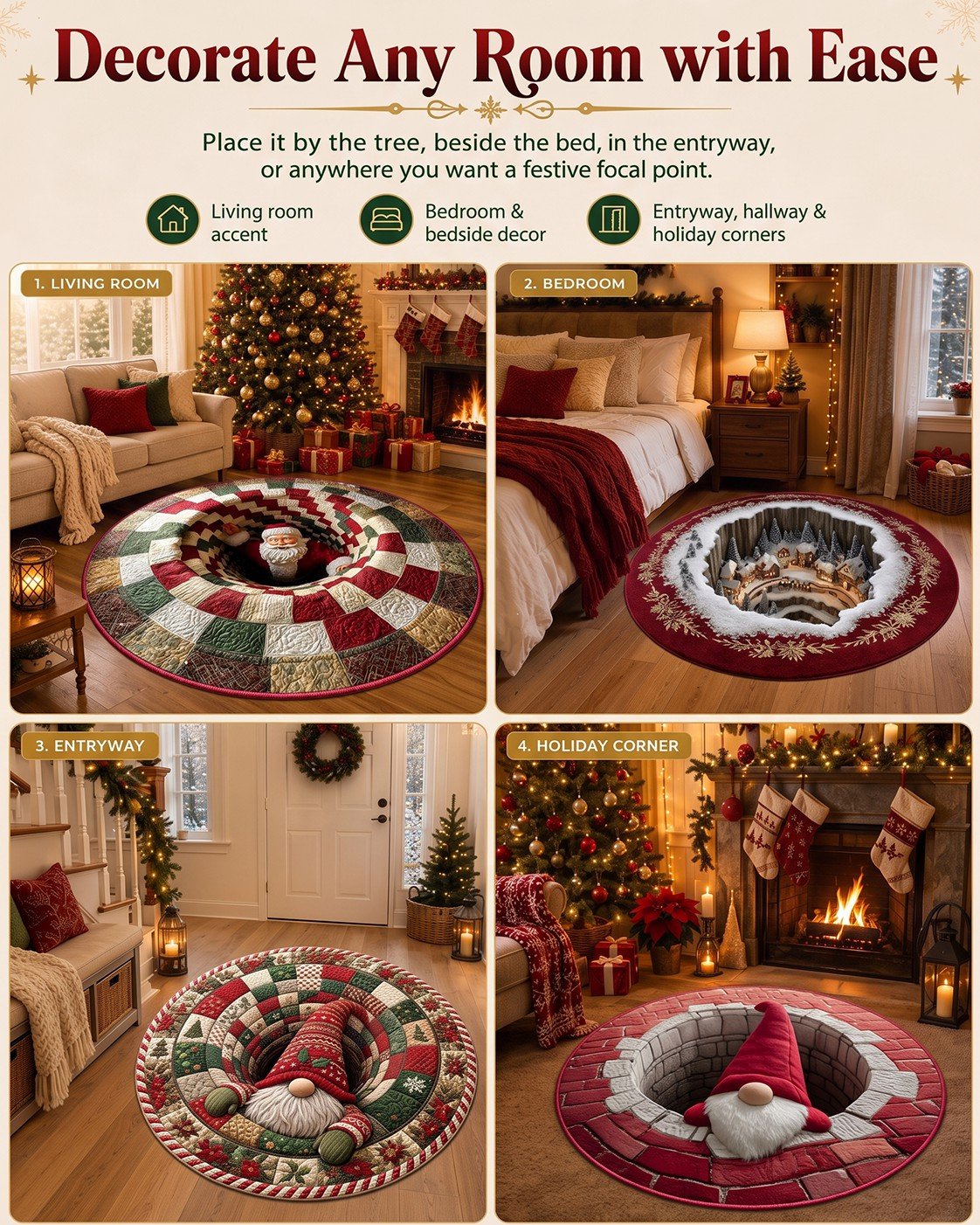 💯🎄3D Christmas Gnome Optical Illusion Round Rug | Fun Festive Home Decor Must‑Have⭐🏠🎁