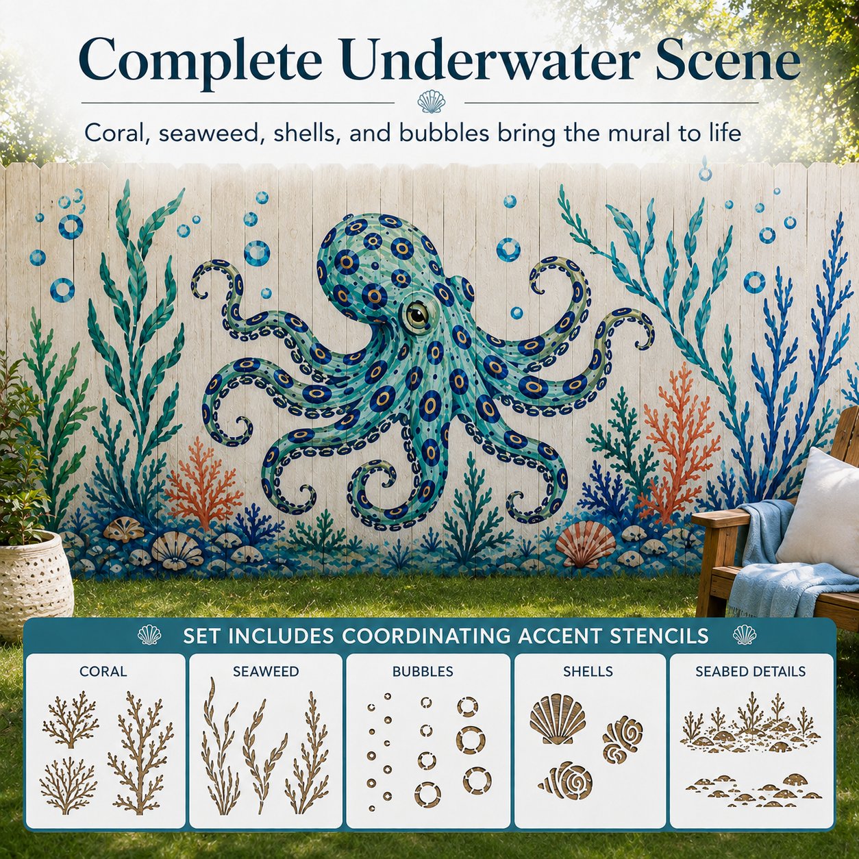 🔥 LAST DAY 49% OFF – 🐙Reusable Ocean Octopus Mural Stencil Set | Bring Plain Walls & Fences to Life with a Bold Underwater Scene 🌊🎨✨