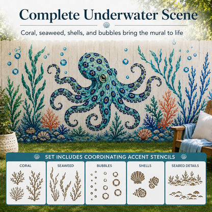🔥 LAST DAY 49% OFF – 🐙Reusable Ocean Octopus Mural Stencil Set | Bring Plain Walls & Fences to Life with a Bold Underwater Scene 🌊🎨✨