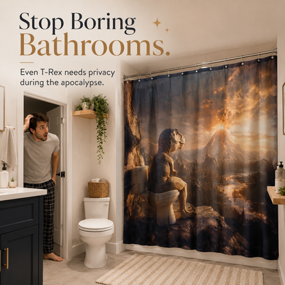 🌋 Epic Dinosaur Toilet & Volcano Eruption Funny Shower Curtain 🦖