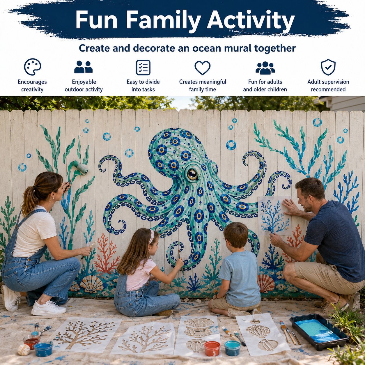 🔥 LAST DAY 49% OFF – 🐙Reusable Ocean Octopus Mural Stencil Set | Bring Plain Walls & Fences to Life with a Bold Underwater Scene 🌊🎨✨