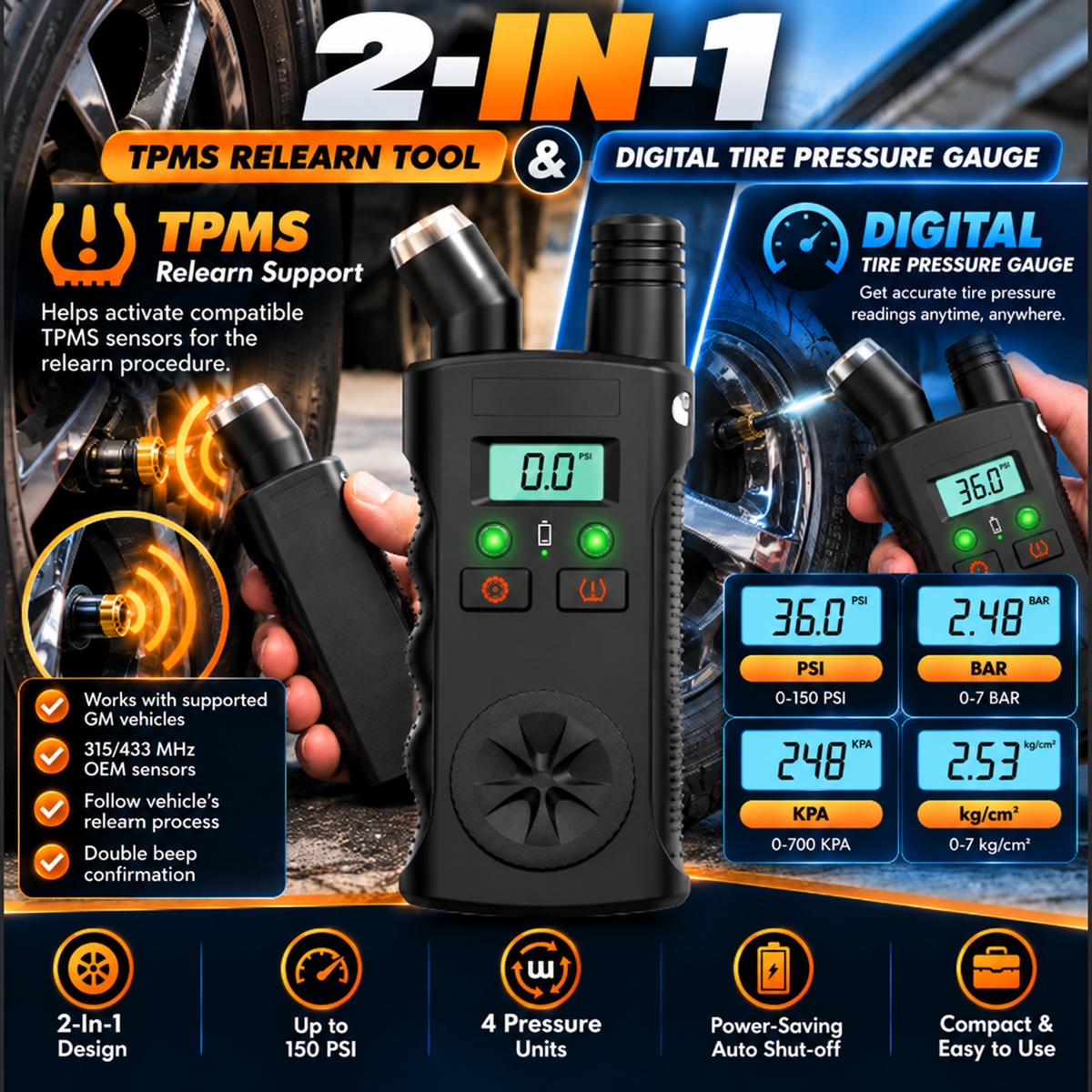 🚗 2-in-1 GM TPMS Relearn Tool & Digital Tire Pressure Gauge — 150 PSI