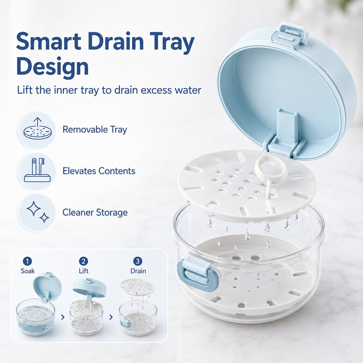 🦷✨3-in-1 Retainer Cleaning & Storage Case – Portable Leak-Resistant Soak Box with Drain Tray, Mirror & Cleaning Brush 🎁Buy 2 Free Shipping