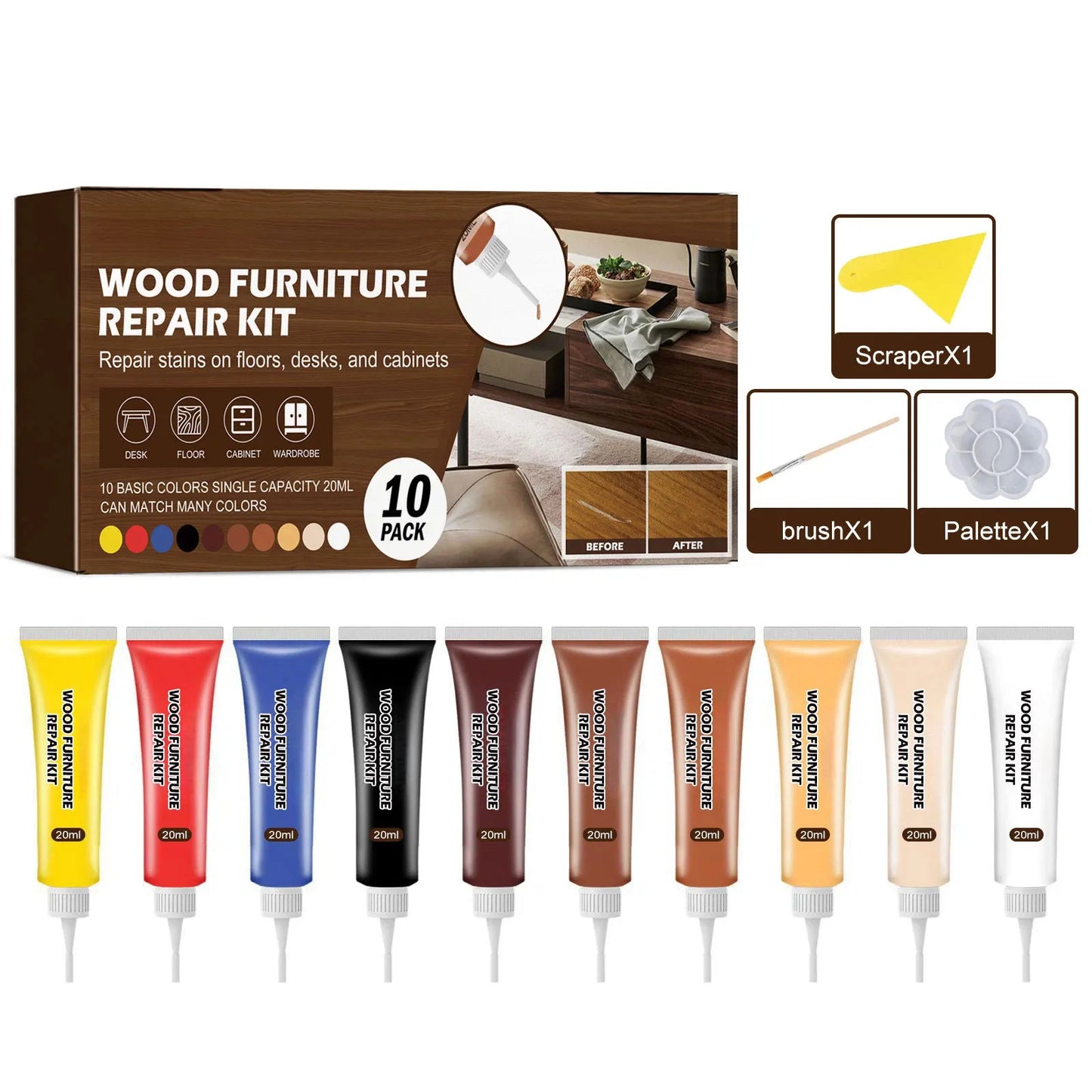 🟡🔧 10-Color Wood Furniture Repair Kit with Touch-Up Tools