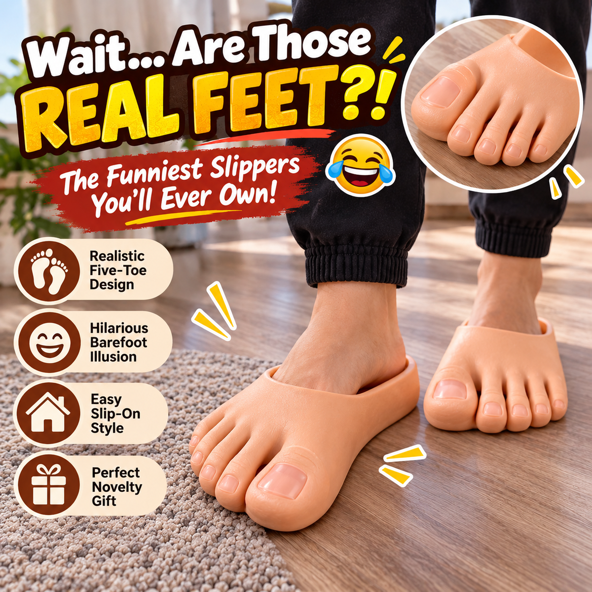 😂 Realistic Barefoot Slippers – Funny Giant Toe Slides, Hilarious Prank Gift 👣
