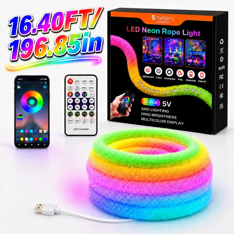 🎅Plush RGB Neon Rope Light🎄360° Full Glow, Music Sync, Perfect Christmas Tree & Bedroom Holiday Decor🎁