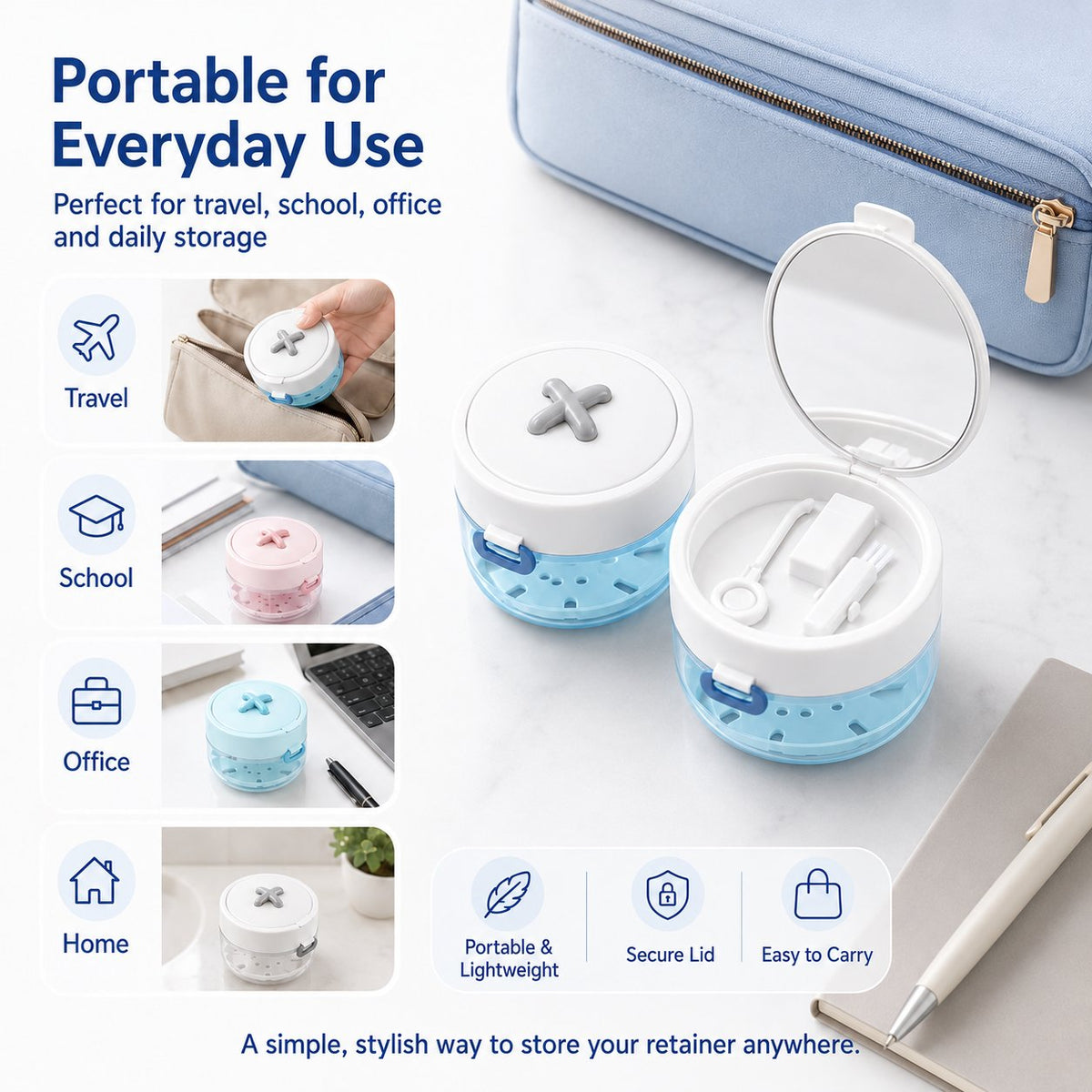 🦷✨3-in-1 Retainer Cleaning & Storage Case – Portable Leak-Resistant Soak Box with Drain Tray, Mirror & Cleaning Brush 🎁Buy 2 Free Shipping