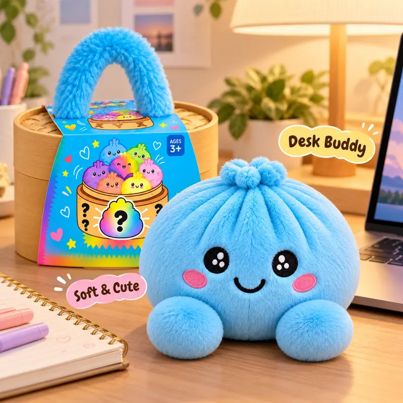 Cute Plush Stuffed Dumpling Squishies with Bamboo-Style Steamer Basket, Big Rainbow Squishy Toy