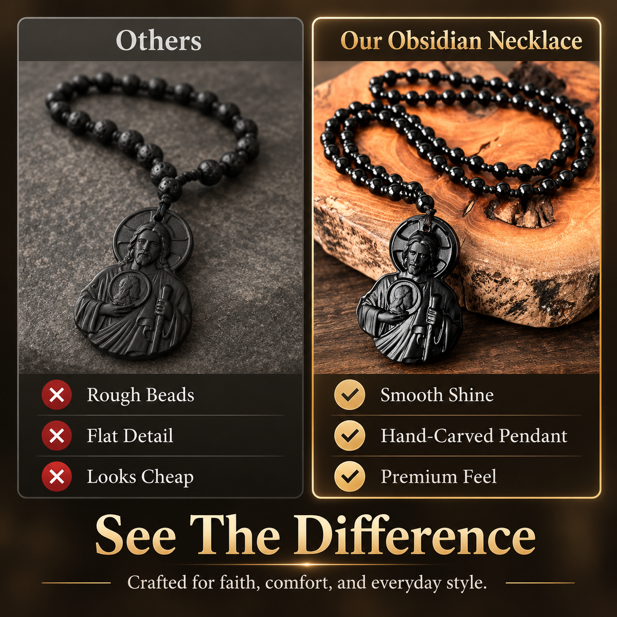 Divine Grace Carved Obsidian Jesus & Black Beads Necklace 🙏
