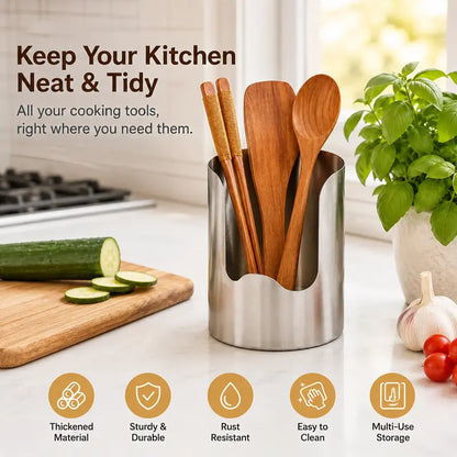Stainless Steel Utensil Holder & Pot Lid Organizer – Rust-Proof, Drain Notch Design, Easy to Clean