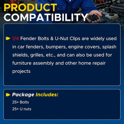 ⚙️1/4'' Body Bolts & U-Nut Clips Kit, Universal Automotive Fender Bumper Splash Shield Fastener Retainer Set