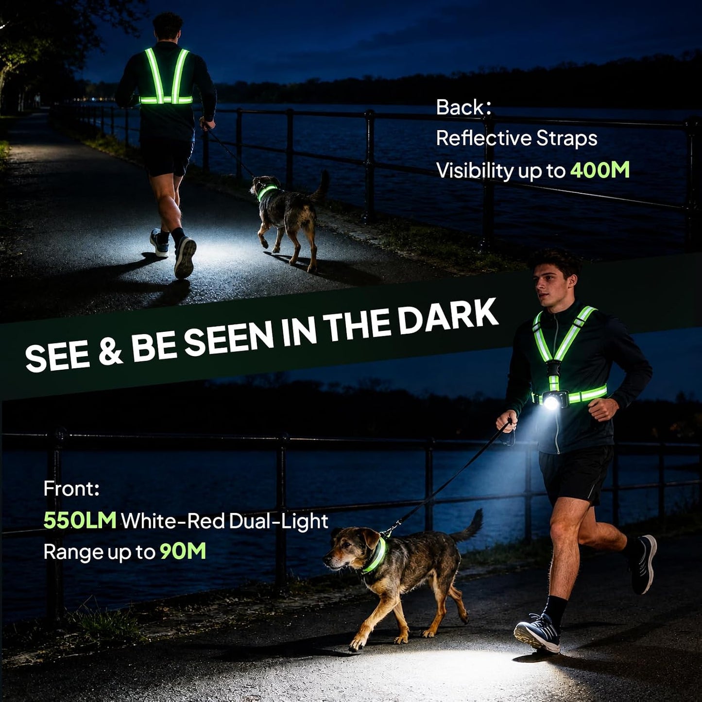 🏃Running Lights for Runners, 550Lm, Y-Shaped Buckle Running Light Vest