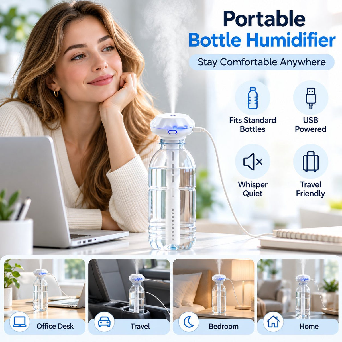 Bottle Top USB Humidifier Stick | Quiet Portable Cool Mist Aroma Diffuser