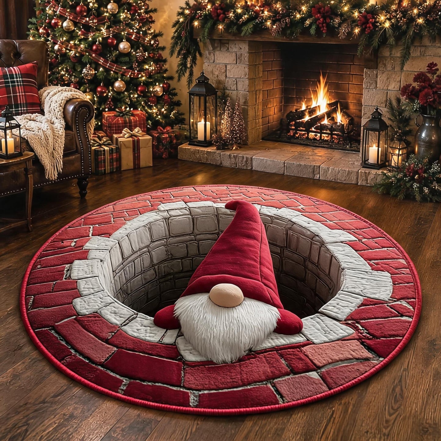 💯🎄3D Christmas Gnome Optical Illusion Round Rug | Fun Festive Home Decor Must‑Have⭐🏠🎁