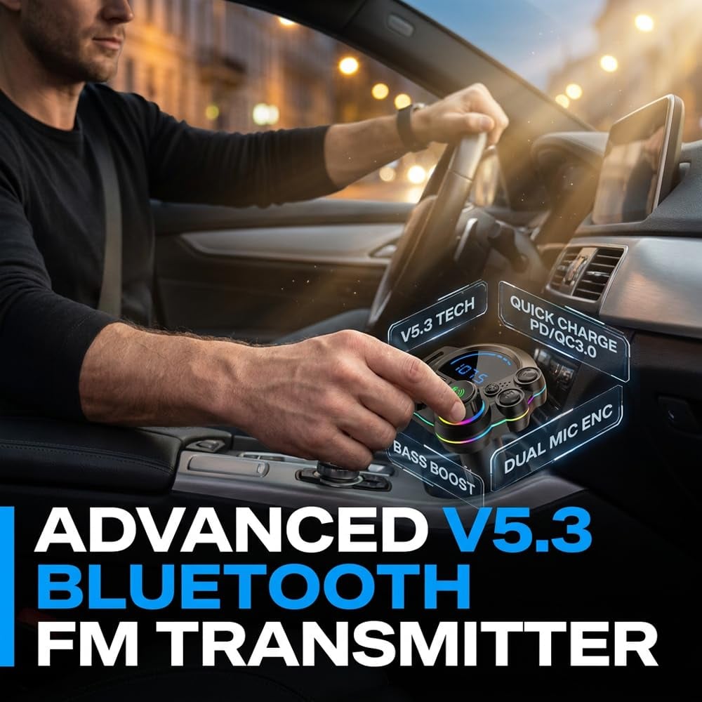 Bluetooth 5.3 Car FM Transmitter & Dual Port Fast Charger