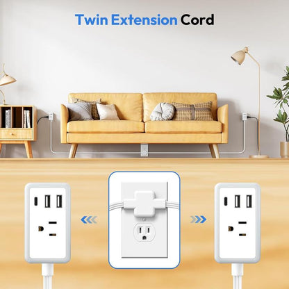 Twin Extension Cord Splitter 12 FT, with 6ft Dual Extension Cord on Each Side 3 Widely Outlets, Double Extension Cord for Home Office Dorm Room