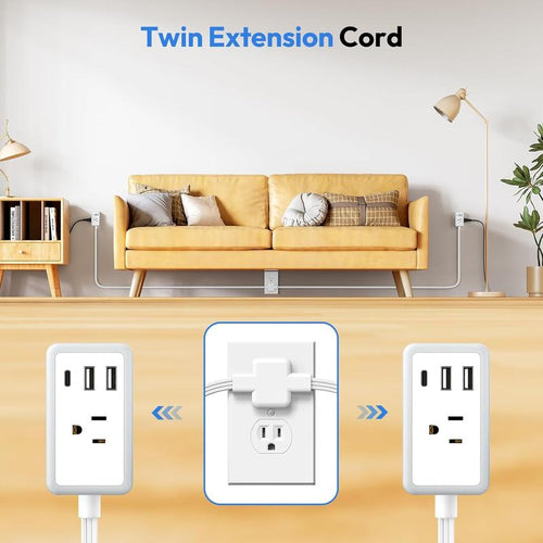 Twin Extension Cord Splitter 12 FT, with 6ft Dual Extension Cord on Each Side 3 Widely Outlets, Double Extension Cord for Home Office Dorm Room