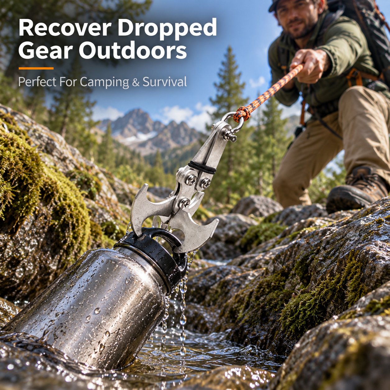 Gravity hook recovering dropped bottle outdoors