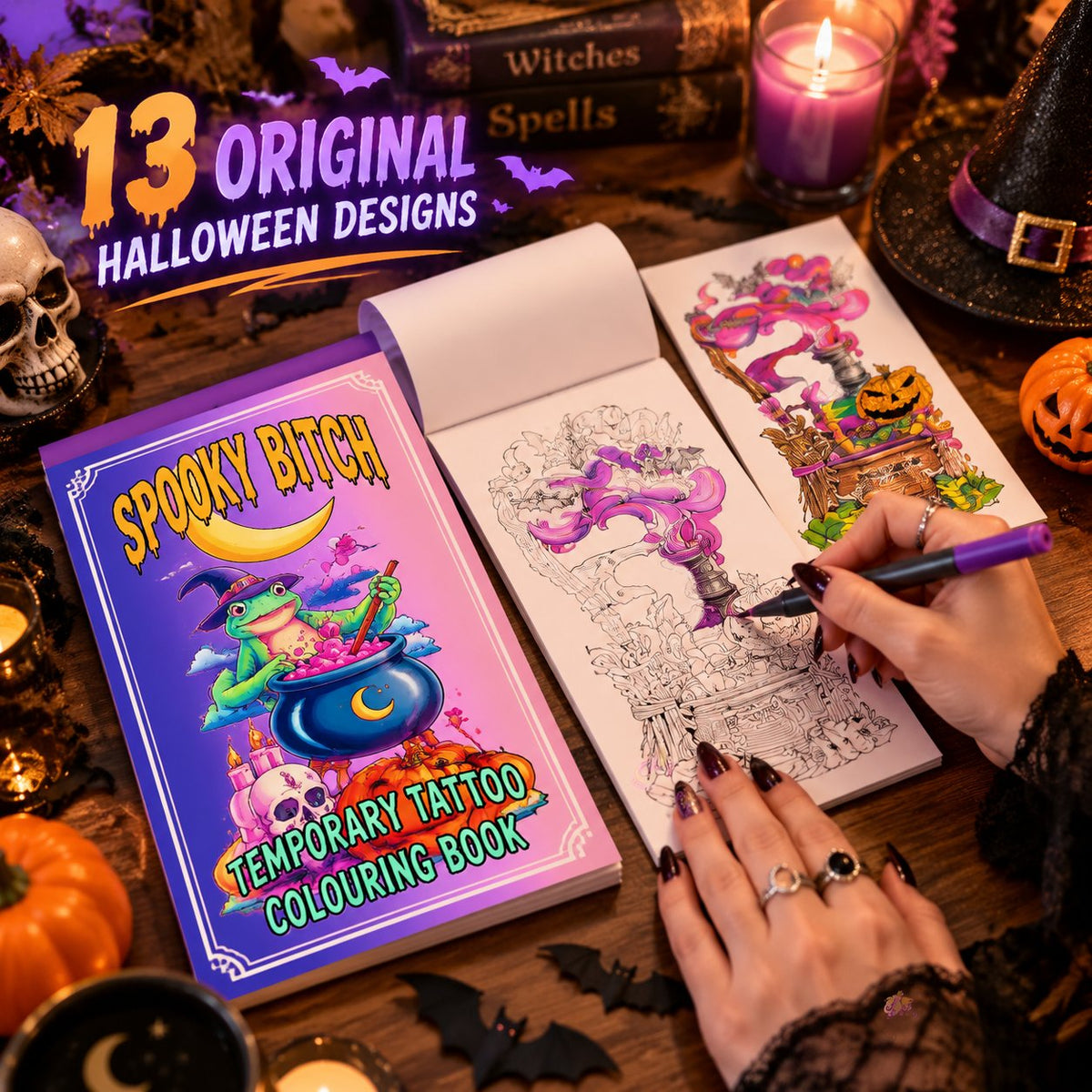 🎃 Spooky Bitch Temporary Tattoo Colouring Book | 13 Witchy Halloween Designs with Colour-Your-Own Pages & Ready-to-Wear Temporary Tattoos 🐸✨