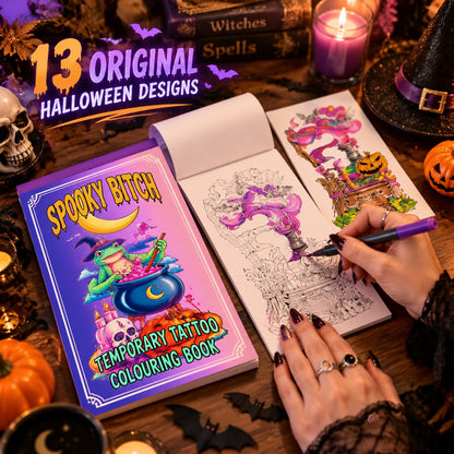 🎃 Spooky Bitch Temporary Tattoo Colouring Book | 13 Witchy Halloween Designs with Colour-Your-Own Pages & Ready-to-Wear Temporary Tattoos 🐸✨