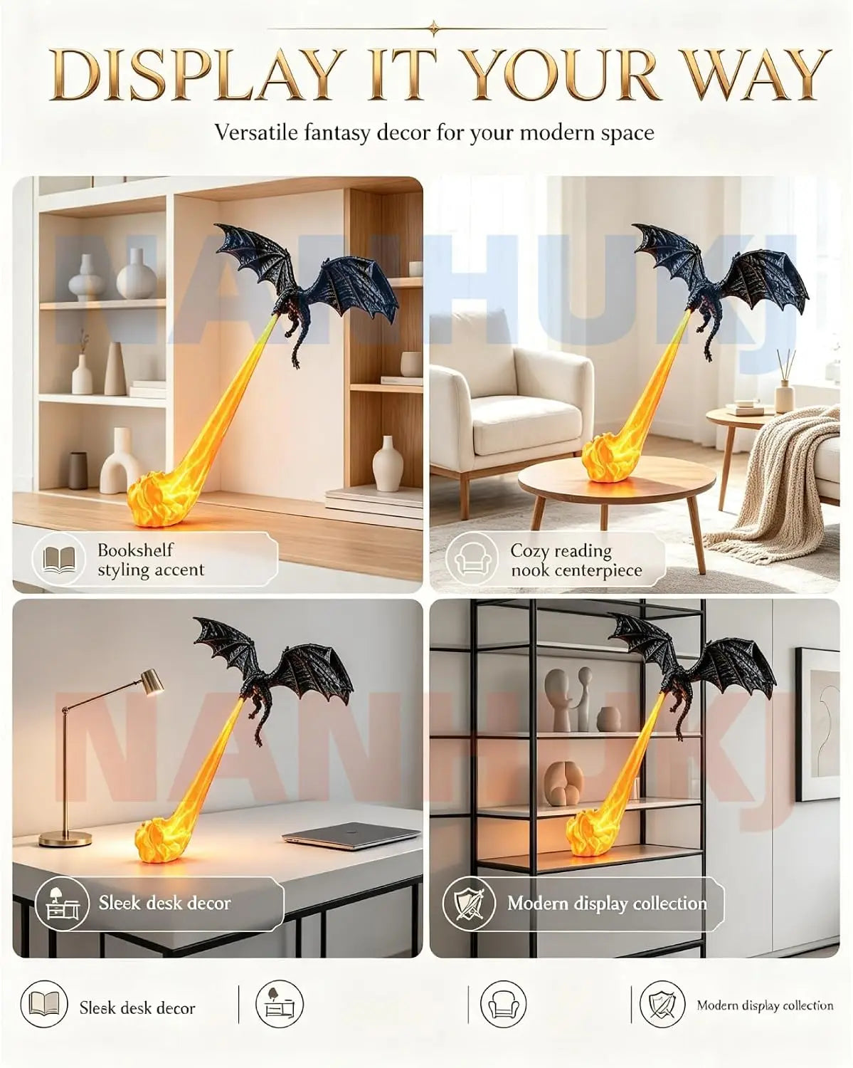 Dragon Flame Book Nook with LED Light, 3D Printed Fantasy Bookshelf Decor ✅