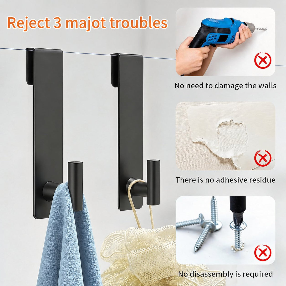 Shower Door Hooks Fit 3/8' (10mm) Glass Door, 2 Pack