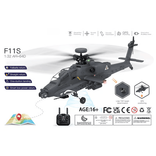 💯YU XIANG F11-S AH64 Apache RC Helicopter 1/32 2.4G 6CH RTF GPS Smart Version