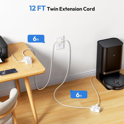 Twin Extension Cord Splitter 12 FT, with 6ft Dual Extension Cord on Each Side 3 Widely Outlets, Double Extension Cord for Home Office Dorm Room