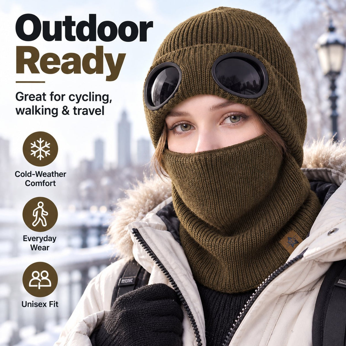 ❄️ Winter Ready · Ribbed Knit Balaclava Beanie with Goggle-Style Eye Panels 🥶