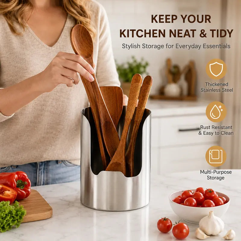 Stainless Steel Utensil Holder & Pot Lid Organizer – Rust-Proof, Drain Notch Design, Easy to Clean